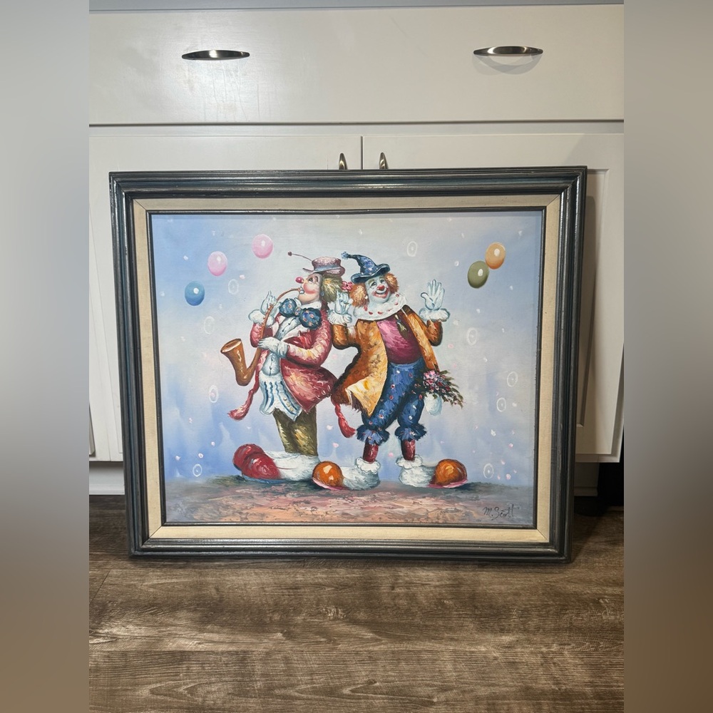 Very Rare M. Scott Signed Clown Oil Painting Framed EC